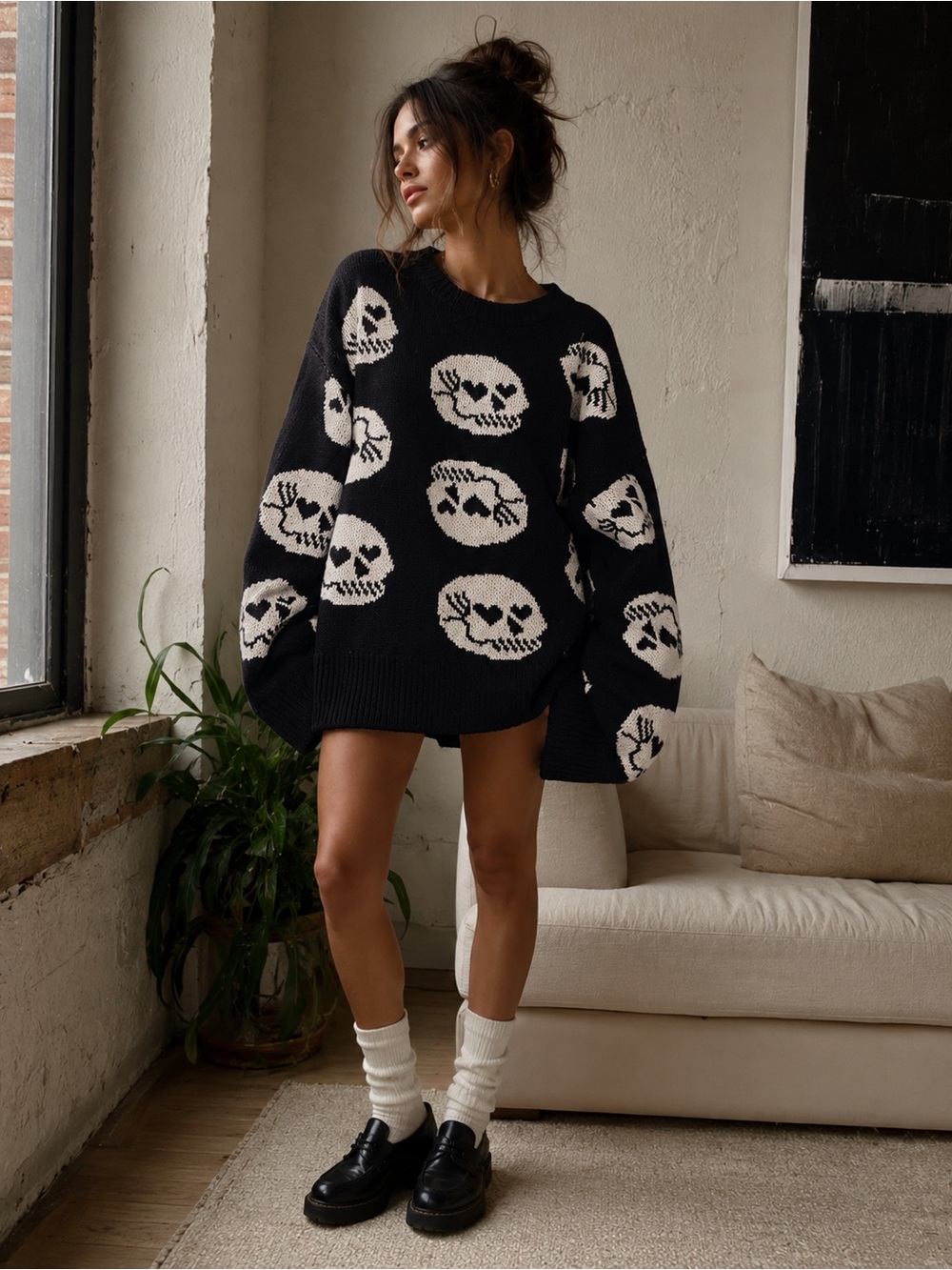 Shein Black Skull Pattern Crewneck Sweater XL